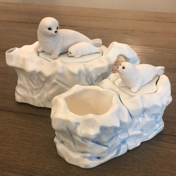 Rare OCI Omnibus Fitz & Floyd seal mother and pup on ice tea set pot sugar cream - Picture 1 of 16